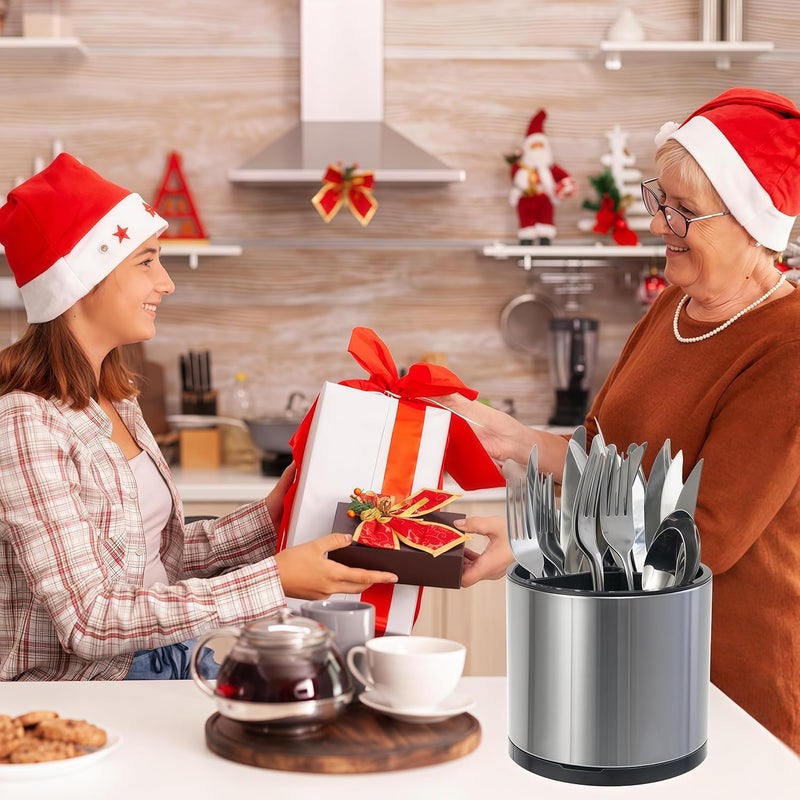 LIBODOUR Kitchen Utensil Holder Extra Large 360°Rotating For Counter Organizer Stainless Steel Storage Cooking Silverware Caddy 3 Compartment Flatware Spoon Spatula Tool Cutlery Container - Image 2